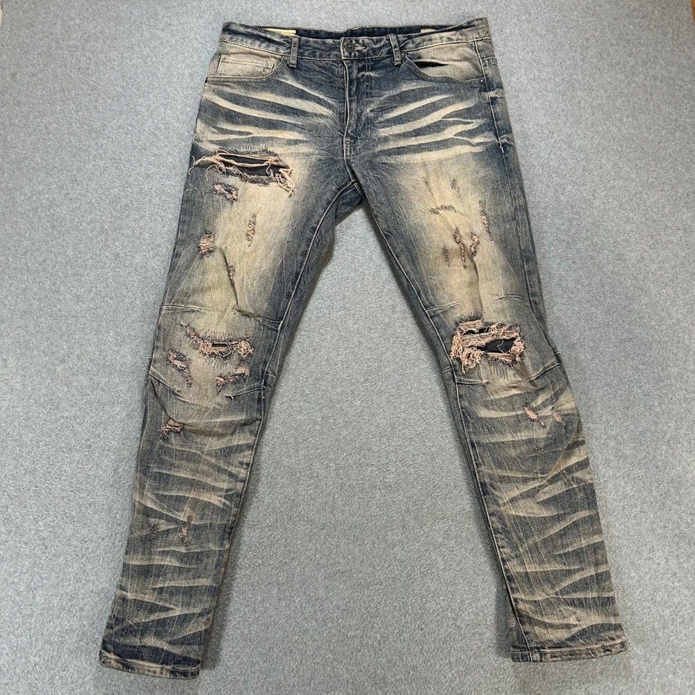 Smoke Rise Distressed Jeans Mens 36x32 Blue Denim Streetwear Moto Hip Hop
